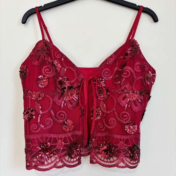 SHEIN Y2k Fairycore Cami Top Embroidery Mesh Babydoll Red Sequin Tie Front Small - Picture 4 of 14
